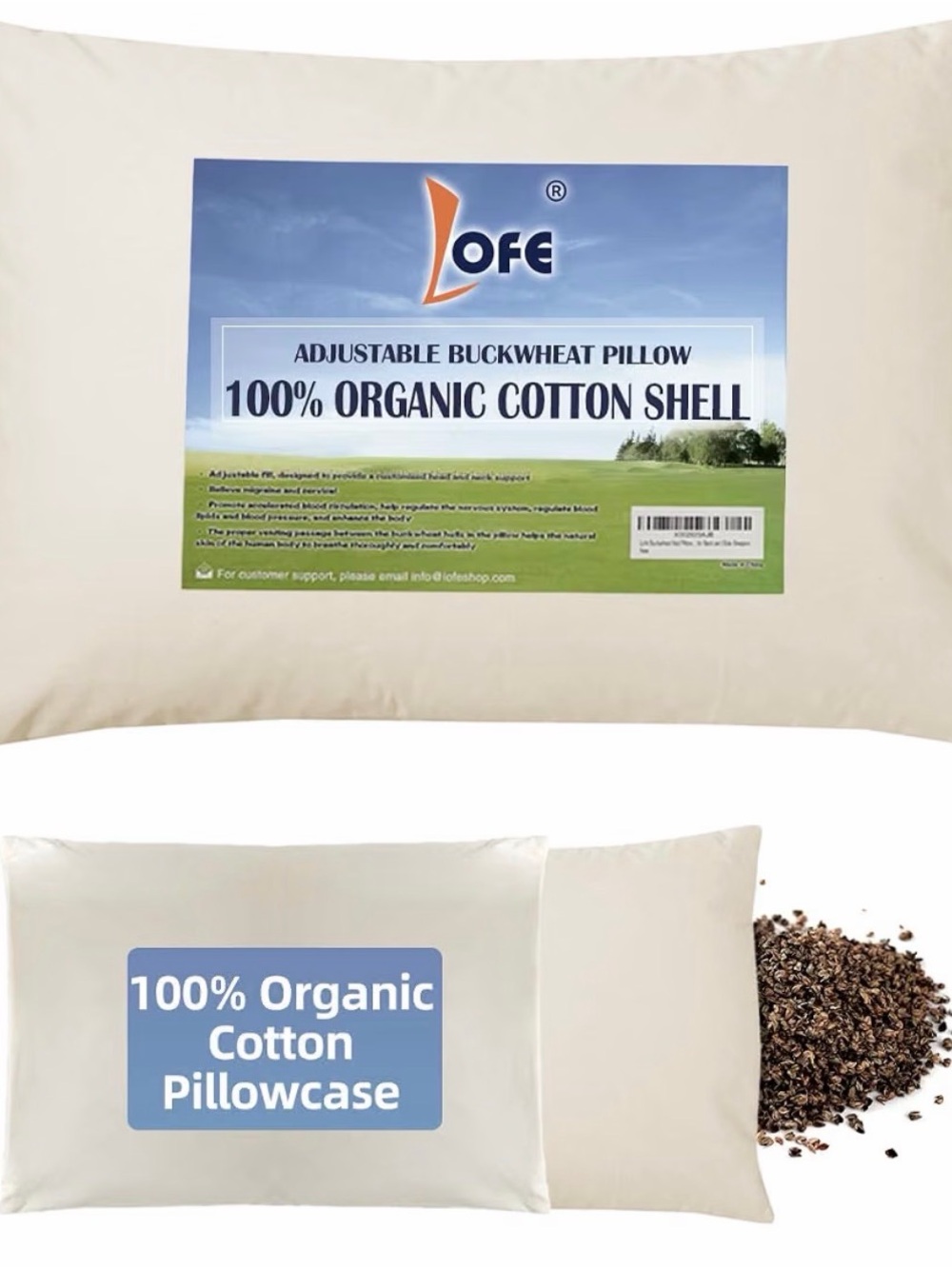 LOF Cream Adjustable Buckwheat Pillow with Organic Cotton Shell